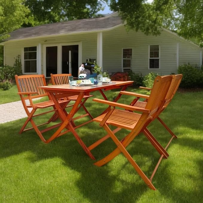 LICOME Patio Furniture Dining Set for 4 - Foldable Outdoor Table & Chairs, Space-Saving Patio Dining Set, Ideal for Outdoor Seating (Oak + Solid Wood)