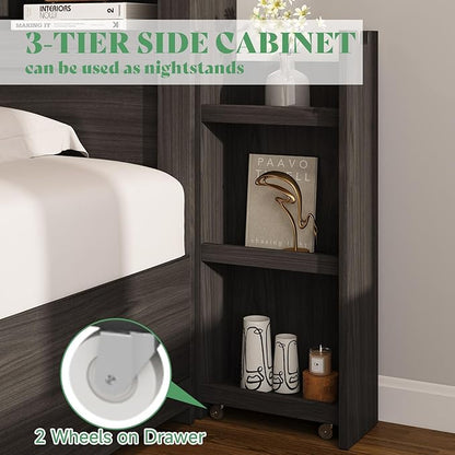 AMERLIFE Full Size Bed Frame with 4 Storage Drawers, LED Bed Frame with 49.6" Tall Bookcase Headboard, Wood Platform Bed with Charging Station & 2 Slide Bedside Shelf, No Box Spring Needed/Black