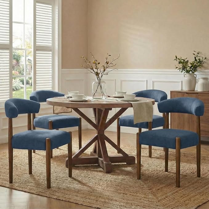 VKNOW Wooden Dining Chairs Set of 4, Modern Upholstered Dining Room Chairs with Walnut Wood Legs and Curved Backrest, Fabric Kitchen Chairs for Farmhouse/Dining Room, Blue