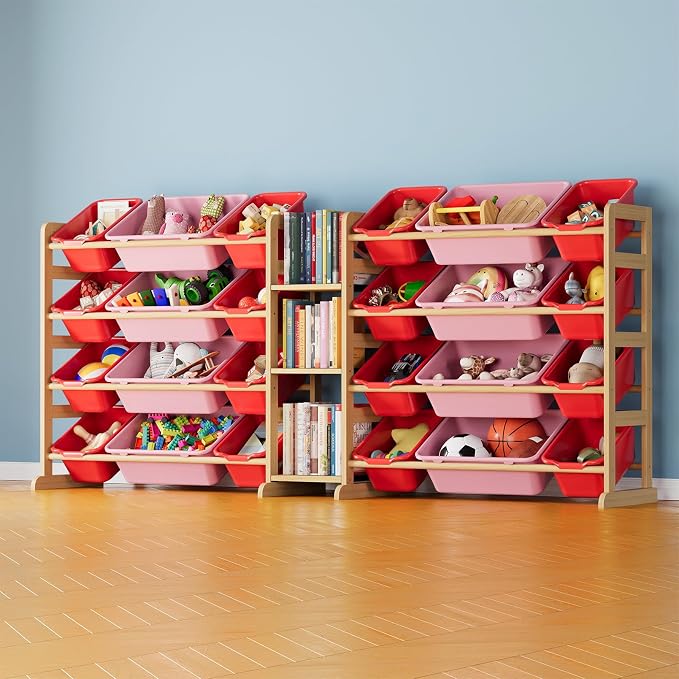 SpaceAid Large Toy Storage Organizer with 24 Bins and 3 Shelves, Toy Organizers Storage Bookshelf, Kids Bin Shelf Box Bookcase for Bedroom Playroom Organization Room Decor, Red and Pink