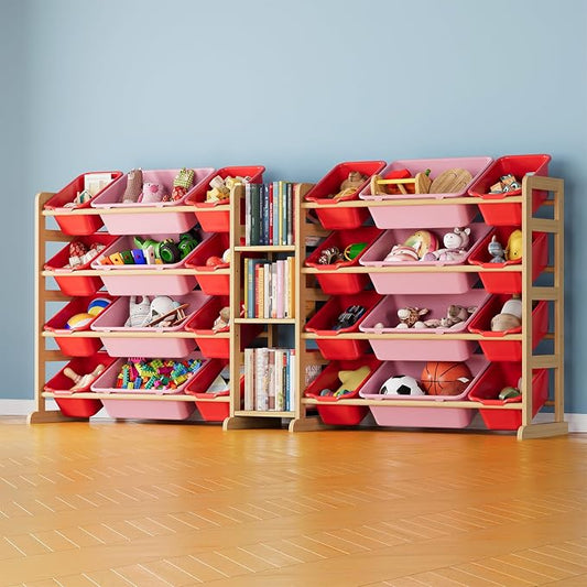 SpaceAid Large Toy Storage Organizer with 24 Bins and 3 Shelves, Toy Organizers Storage Bookshelf, Kids Bin Shelf Box Bookcase for Bedroom Playroom Organization Room Decor, Red and Pink