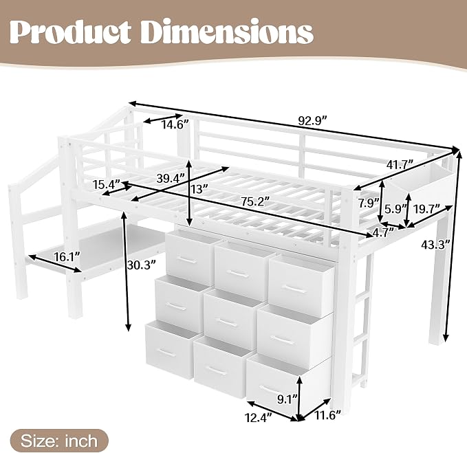 Bellemave Twin Size Loft Bed with 9 Non-Woven Fabric Storage Drawers, Low Loft Bed with Stairs and Lights, Twin Loft Beds with High Rails, Noise Reduced White