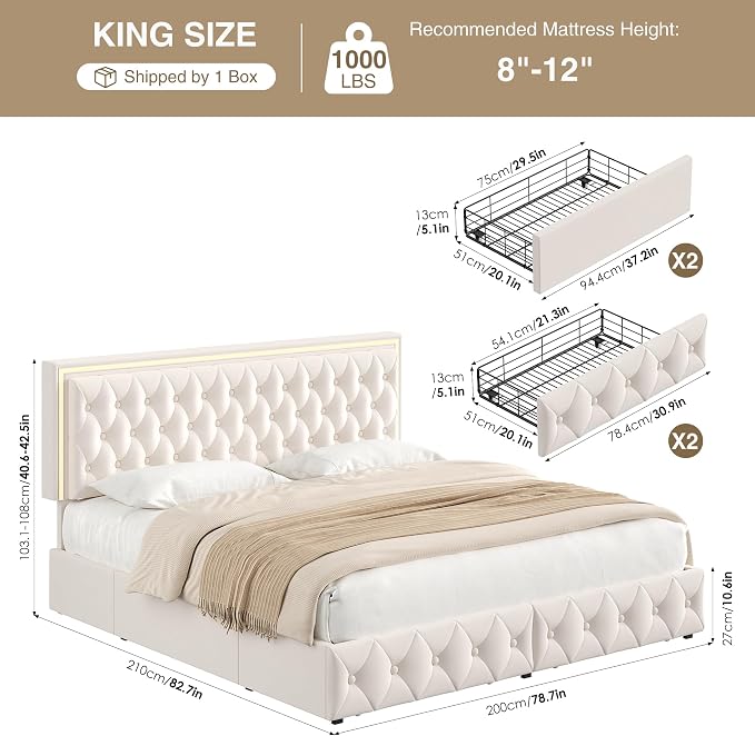 Keyluv King Size LED Bed Frame with 4 Storage Drawers and Adjustable Headboard, Velvet Upholstered Button Tufted Modern Platform Bed, Solid Wooden Slats Support, Easy Assembly, Beige