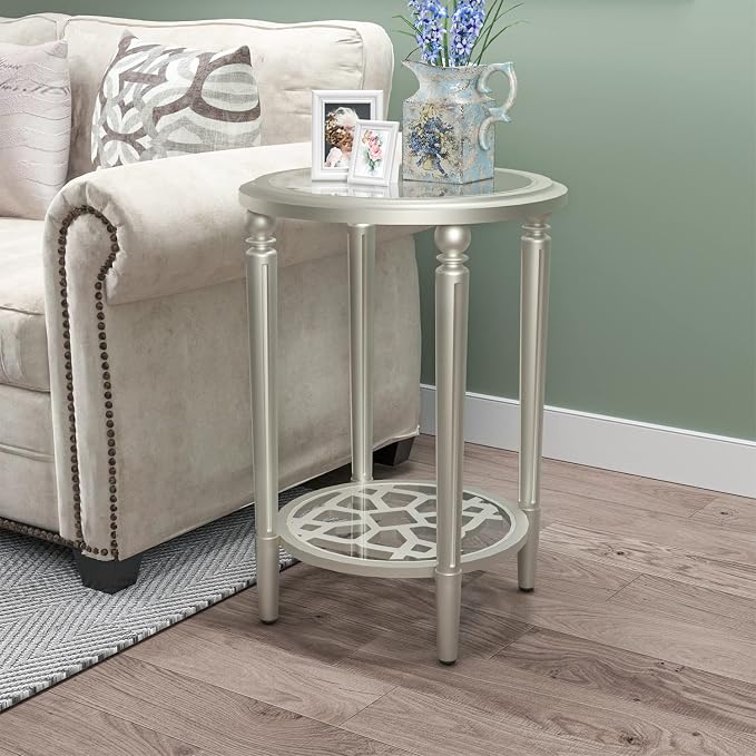COSIEST Round Side Table, End Table Glass with Wood Frame, Champagne Gold Bedside Table with Modern Style for Living Room, Balcony, Bedroom