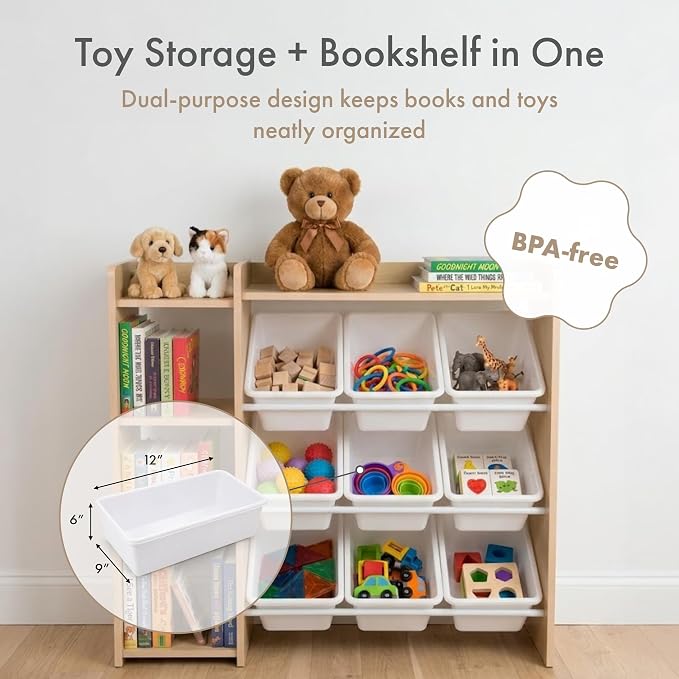 Humble Crew Toy Storage Organizer with Bookshelf, 9 Removable Storage Bins for Kids Playroom, Toy Organization and Storage, Solid Wood, Natural/White