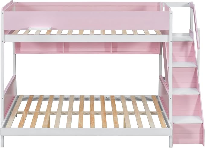 Wood Bunk Bed Twin Over Full with Staircase and Side Shelves | Striped-Design Staircase, Built-In Light Strip, Space-Saving Design, Kids Teens Adults, Versatile Bed Frame