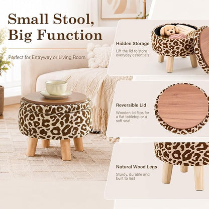 Wimarsbon Storage Ottoman, Modern Round Footrest with Soft Padded Seat, Pattern Velvet Footstool with Wood Legs, Accent Small Table or Plant Stand for Hallway, Living Room (Khaki)