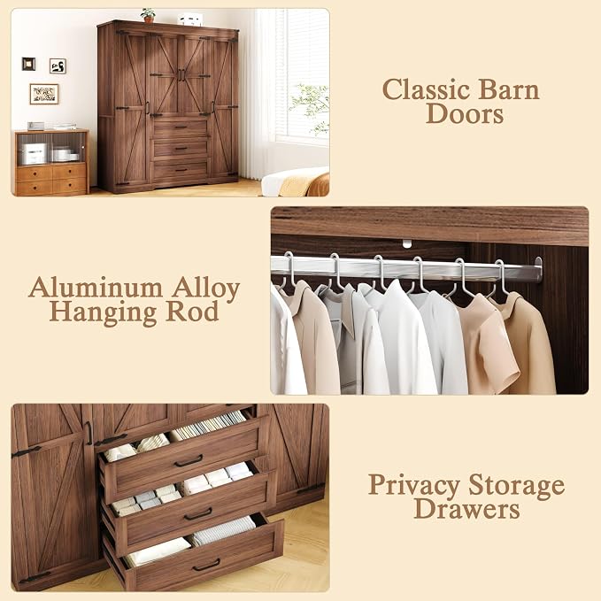 70" Tall Armoire Wardrobe Closet with 4 Doors & 3 Drawers, Farmhouse Bedroom Storage Cabinet with Hanging Rod, Freestanding Wooden Armoire Wardrobe Closet, Brown