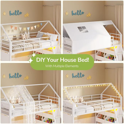 Hasuit Low Bunk Bed Twin Over Twin with Toy Storage Organizer-6 Removable Bins, Floor Bunk Beds with LED Lights, House Bunk Bed with Ladder & Guardrail, Metal L Shaped Twin Bunk Beds for Kids, White