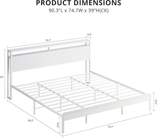 LIKIMIO California King Bed Frame with Headboard, Wood Camas California King with Strong Supports, Sturdy, Noise-Free, No Box Spring Needed, White