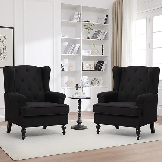 Accent Chair Set of 2, Mid Century Modern Fabric Wingback Chair, Upholstered Armchair with High Back and Vintage Legs, Comfy Single Sofa Side Reading Chair for Living Room Bedroom, Black