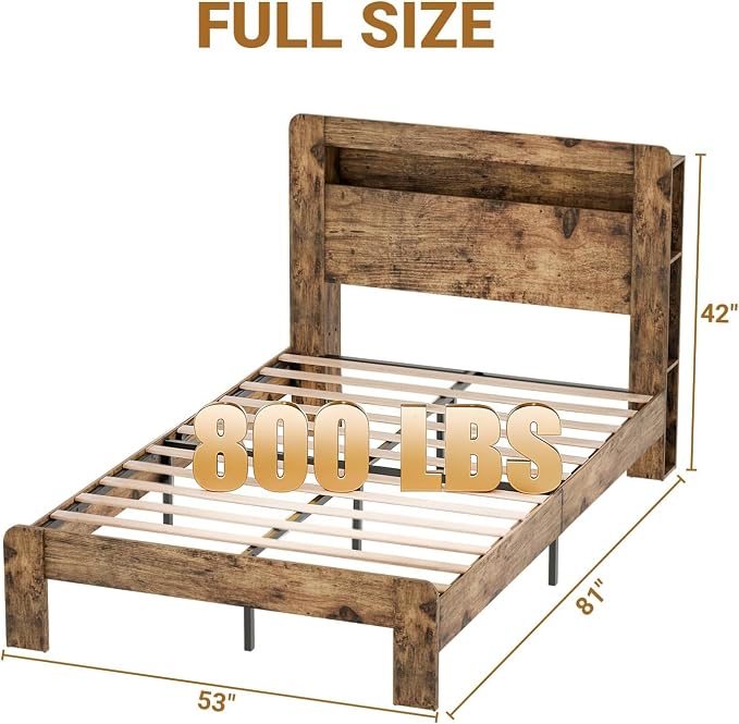 Zevemomo Full Size Bed Frame with Headboard, Full Size Bed Frame with Charging Station, Built in LED Light Strip, Noiseless, No Box Spring Needed, Rustic Brown(Rectangular Slot)
