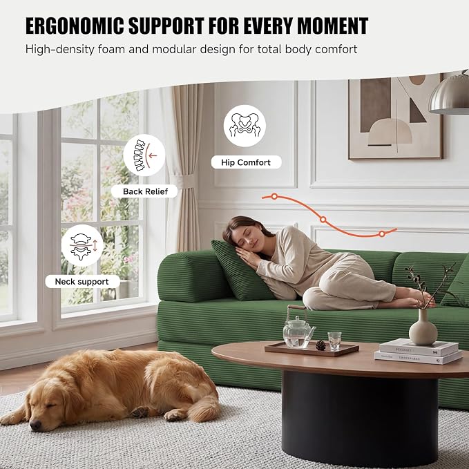 79" Convertible Sleeper Sofa Bed, Corduroy Boneless Fold-Out Couch in a Box, 4-in-1 Loveseat/Futon Couch, High-Density Foam, No Assembly, Side Pockets, 2 Pillows for Small Spaces, Dark Green