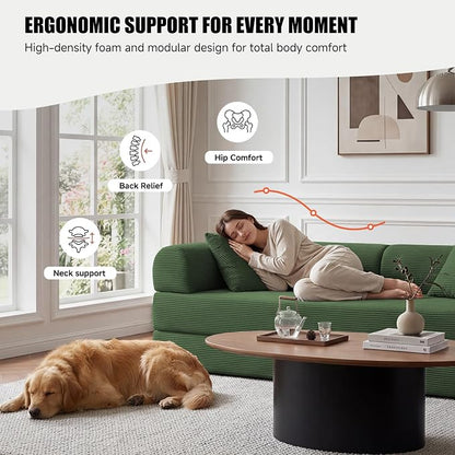 79" Convertible Sleeper Sofa Bed, Corduroy Boneless Fold-Out Couch in a Box, 4-in-1 Loveseat/Futon Couch, High-Density Foam, No Assembly, Side Pockets, 2 Pillows for Small Spaces, Dark Green