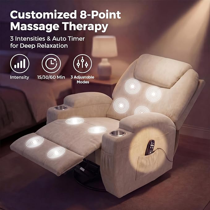 JUMMICO Small Swivel Rocker Recliner, 360 Rocking Chair Recliner with Massage, Upholstered Fabric Rocker Recliner with Cup Holder for Living Room, Bedroom, Nursery (Beige)