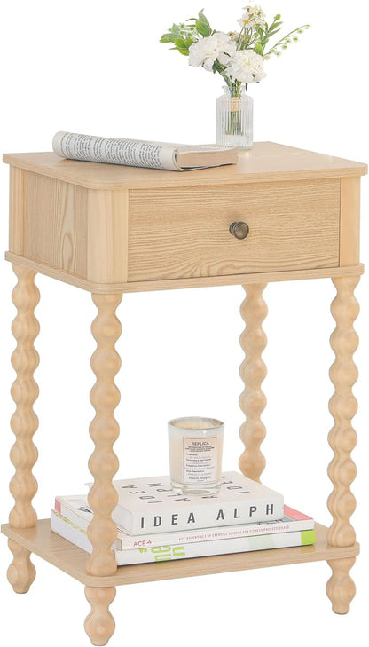 AWASEN Night Stand, Small End Table with Storage for Living Room, Farmhouse Bedside Side Table with Spindle Wood Legs for Bedroom, Office, Natural