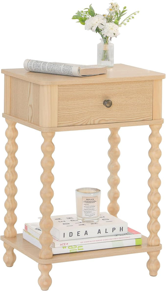 AWASEN Night Stand, Small End Table with Storage for Living Room, Farmhouse Bedside Side Table with Spindle Wood Legs for Bedroom, Office, Natural