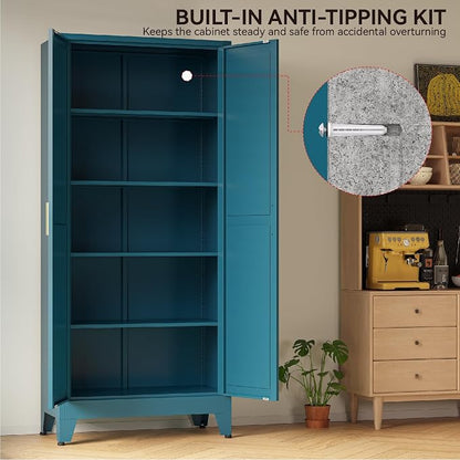COFaR 71" Metal Pantry Cabinet in Peacock Blue, 5-Tier Storage with Adjustable Shelves, Modern Statement Cupboard for Kitchen, Bathroom & Living Room