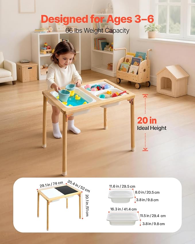 VEVOR Sensory Table for Toddlers, Foldable Wooden Kids Activity Table with Double-Sided Board, Storage Bins, and Non-Slip Feet, for Boys and Girls Playing Sand and Water, Drawing, Studying, Dining