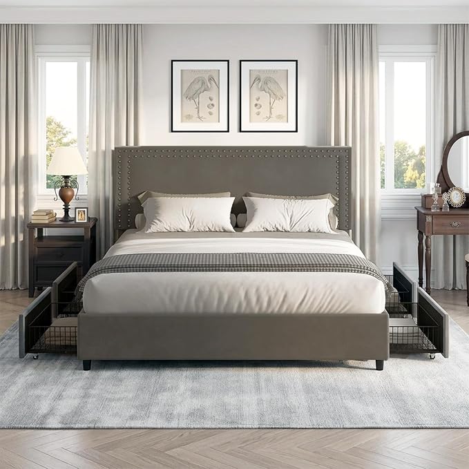VECELO Full Size Upholstered Bed Frames with 4 Storage Drawers, Adjustable Velvet Rivet Decor Headboard, Wooden Slats Platform Support, No Box Spring Needed, Easy Assembly,Dark Grey