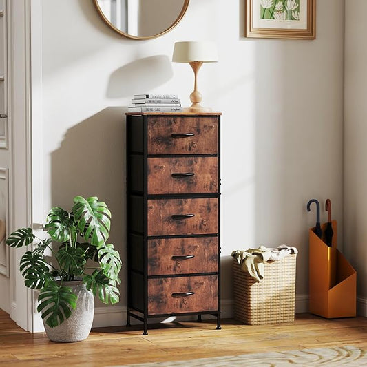 DUMOS Nightstand with 5 Drawers, Bedside Table with Removable Fabric Bins, Sturdy Steel Frame Wood Top Skinny Dresser for Bedroom Nursery Closet Living Room, Rustic Brown