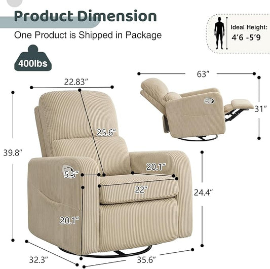 Swivel Rocker Recliner, Oversized Manual Nursery Glider Rocking Recliner Chair with Removable Cushion, Upholstered Corduroy Swivel Reclining Chair for Nursery Living Room Bedroom, Camel