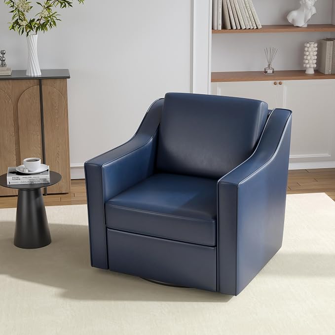 Faux Leather Swivel Accent Chair, 360° Swivel Upholstered Club Armchairs for Living Room, Comfy Single Sofa Reading Chair with Deep Seat, Metal Swivel Base, Navy