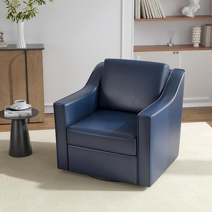 Faux Leather Swivel Accent Chair, 360° Swivel Upholstered Club Armchairs for Living Room, Comfy Single Sofa Reading Chair with Deep Seat, Metal Swivel Base, Navy