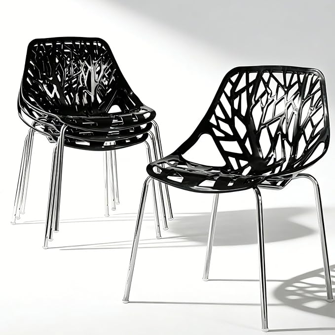 Karl home Stackable Dining Chairs Set of 4, 3-Step Assembly, 350LBS, Black | Bird's nest trunk pattern, robust metal frame, 350lbs capacity, plastic construction, for kitchen/dining/bedroom/living room