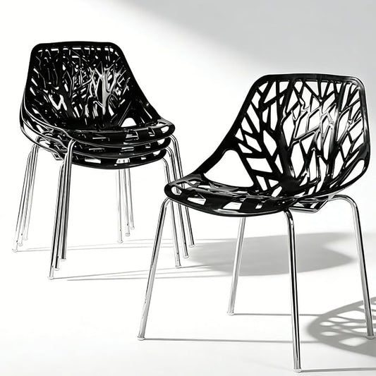 Karl home Stackable Dining Chairs Set of 4, 3-Step Assembly, 350LBS, Black | Bird's nest trunk pattern, robust metal frame, 350lbs capacity, plastic construction, for kitchen/dining/bedroom/living room