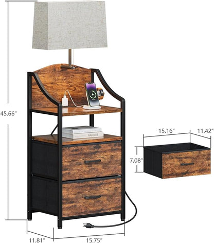 Evermagin 45" Tall Nightstand with Charging Station & Light, Night Stand with 2 Fabric Drawer & Storage Shelf, Bedside Table End Table with USB Ports and Outlets for Bedroom, Dorm, Rustic Brown