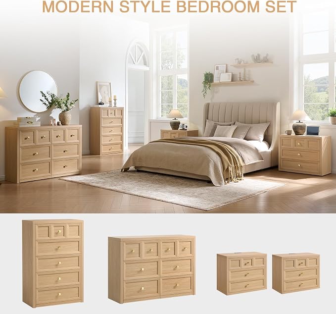 4 Piece Bedroom Set - Includes 6 Drawer Dresser, 5 Drawer Wood Dresser and 3 Drawer King Size Nightstands Set of 2 with Charging Station, 4 Piece Farmhouse Dresser and Nightstand Sets,Natural