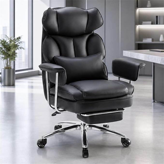 Executive Ergonomic Office Chair, PU Leather High Back Reclining Office Chair with Footrest and Lumbar Support, Height Adjustable Rolling Swivel Computer Chair for Home Office,Black