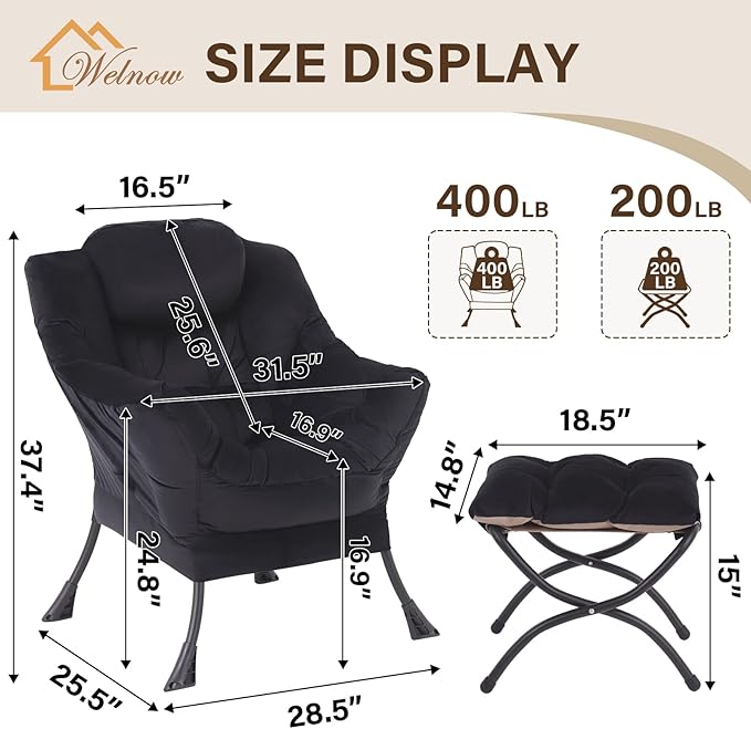 Welnow Lazy Chair with Ottoman, Modern Accent Chair with Armrests and a Side Pocket, Leisure Sofa Armchair, Reading Armchair with Footrest for Small Space, Black