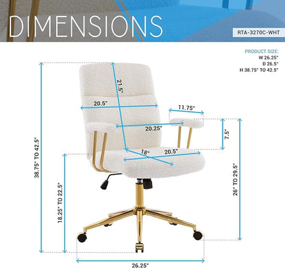 Techni Mobili Boucle Office Chair, Adjustable Desk Chair, White & Gold | White boucle office chair, gold base, padded seat, height adjustable, modern desk chair, textured fabric, swivel, ergonomic