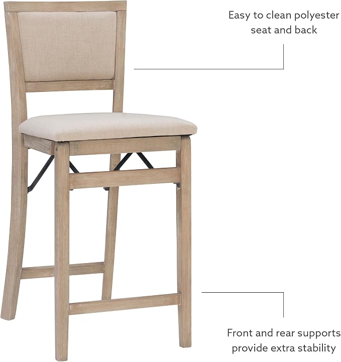 Linon Keira Natural Rustic Wooden Folding 25 Inch Seat Height Counter Stool with Beige Upholstered Seat and Back