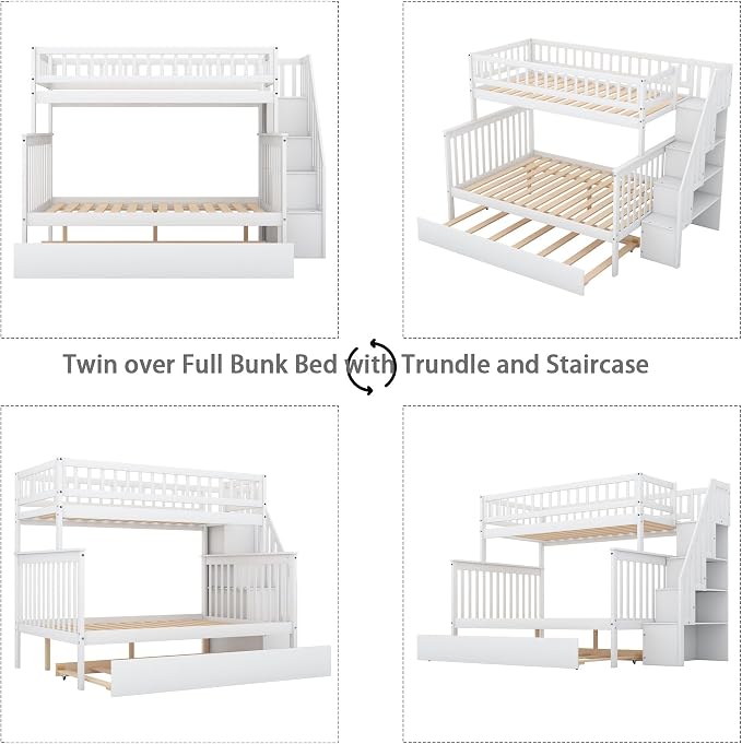 MERITLINE Twin Over Full Bunk Bed with Trundle, Storage Staircase,Solid Wood Bunk Bed with Storage Stairs Box and Guardrail, No Spring Box Needed (White)