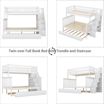 MERITLINE Twin Over Full Bunk Bed with Trundle, Storage Staircase,Solid Wood Bunk Bed with Storage Stairs Box and Guardrail, No Spring Box Needed (White)
