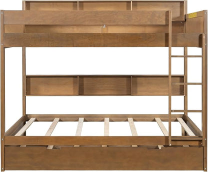Wood Bunk Bed Twin Over Twin Size with Built-in Storage Shelves, Versatile Bunk Bed Frame with Ladder and Trundle Bed for Kids Teens Adults, Maximize Space (Antique Wood-T2)