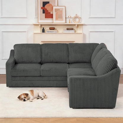 89 Inches Corduroy Sectional Sofa with High Density Sponge, Modern 5 Seats Corner Couch with Deep Seat, Comfy Modular L Shaped Couch with Comfortable Back Cushions for Living Room, Grey