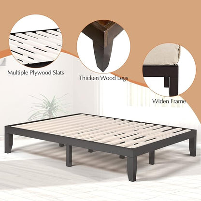 COSTWAY Queen Size Platform Bed Frame, 14 Inches Solid Rubber Wood Bed Mattress Foundation with Sturdy Slats Support, Easy Assembly Bed Frame for Home Hotel, No Box Spring Needed (Espresso, Queen)
