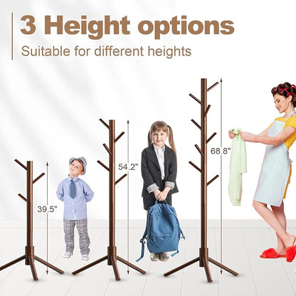 Aliphon Wooden Coat Rack Stand, Freestanding Coat Rack with 8 Hooks, 3 Adjustable Size Coat Tree for Hats, Coats, Scarves bags, Coat Hanger Stand Used in Bedroom/Office/Entryway,2 PCS (Brown)