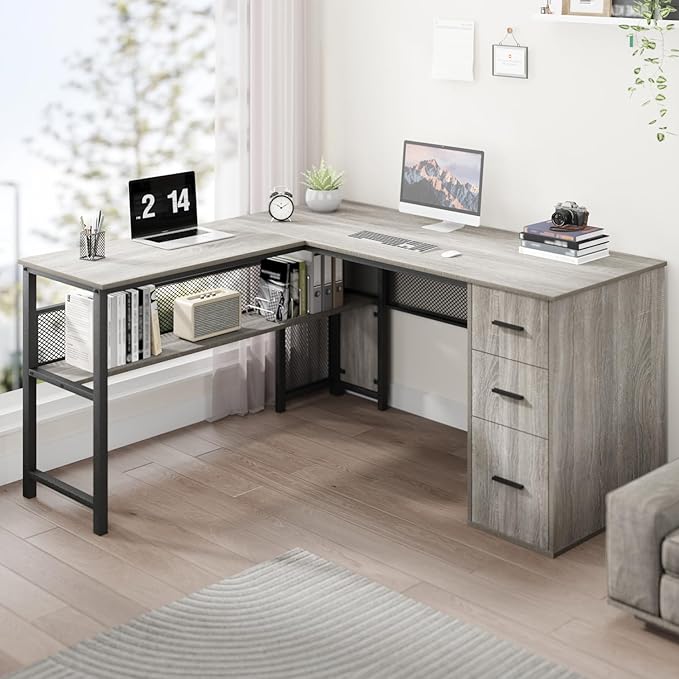LVB Reversible L Shaped Desk with Drawers, Grey Computer Desk with Storage | 59" Adjustable Modern Executive Office Desks, Adjustable Corner Design for Gaming Spaces and Home Workstations