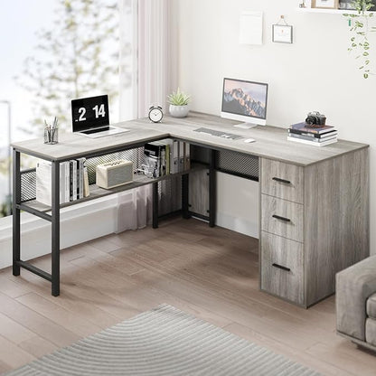 LVB Reversible L Shaped Desk with Drawers, Grey Computer Desk with Storage | 59" Adjustable Modern Executive Office Desks, Adjustable Corner Design for Gaming Spaces and Home Workstations