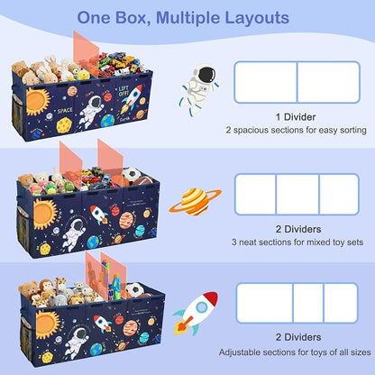 Unicorn Castle Toy Box with Adjustable Divider Toy Chest Storage Large Toy Storage Organizer Bin Collapsible with Lid Pockets for Nursery Playroom,Blue Astronaut