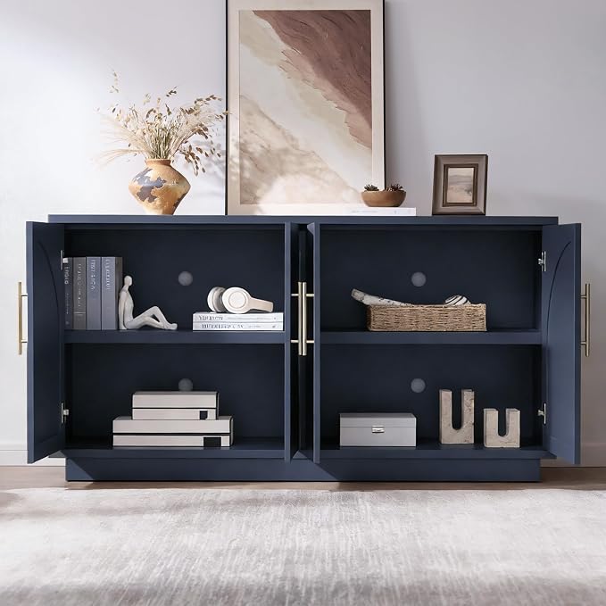 Fatmok 59" Sideboard Buffet Cabinet & TV Stand Set of 2, Modern Arched Credenza with Adjustable Shelves and Long Metal Handles, Wood Console Coffee Bar Storage for Living Room, Blue