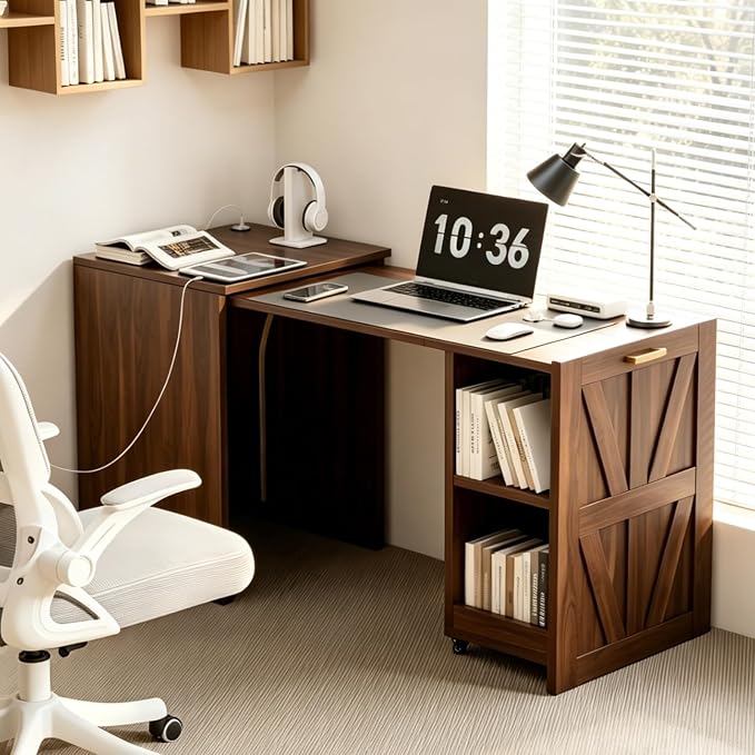 Folding Desk with Storage and Charging Station, Pull-Out Desk Cabinet with Spacious Desktop, Foldable Computer Table for Small Space, Walnut