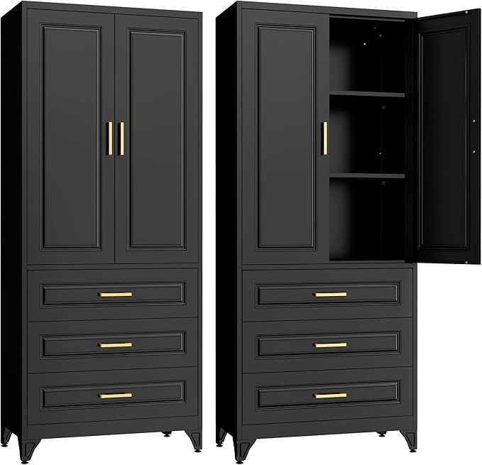 SteeLoong 75" Kitchen Pantry Cabinet with 3 Drawers,Metal Storage Cabinets with Doors and 2 Adjustable Shelves,Black Kitchen Cabinet with 2 Gold Handles,Food Cupboard for Livingroom, Bathroom,Pantry