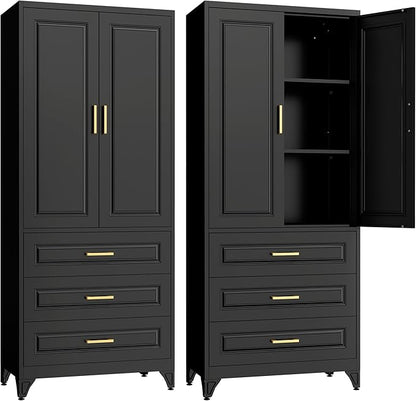 SteeLoong 75" Kitchen Pantry Cabinet with 3 Drawers,Metal Storage Cabinets with Doors and 2 Adjustable Shelves,Black Kitchen Cabinet with 2 Gold Handles,Food Cupboard for Livingroom, Bathroom,Pantry