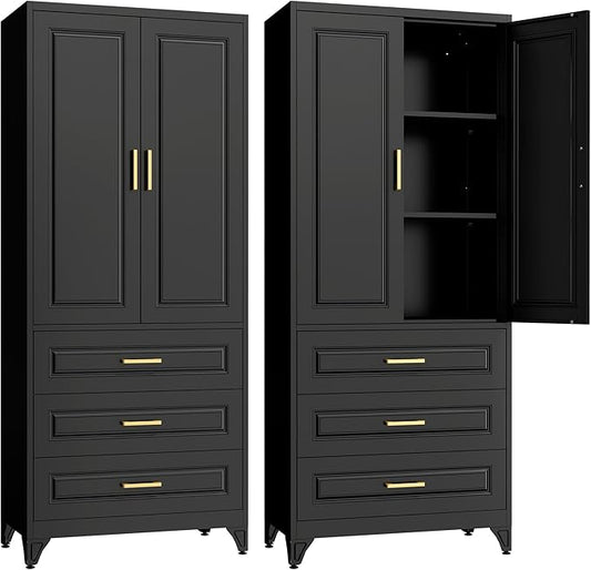 SteeLoong 75" Kitchen Pantry Cabinet with 3 Drawers,Metal Storage Cabinets with Doors and 2 Adjustable Shelves,Black Kitchen Cabinet with 2 Gold Handles,Food Cupboard for Livingroom, Bathroom,Pantry